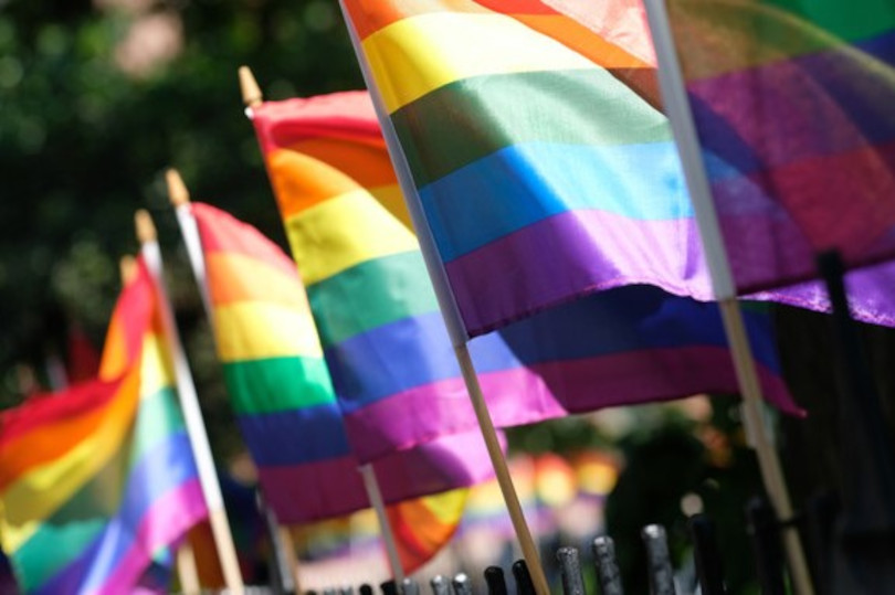 A row of rainbow flags on top of a fence.