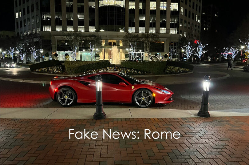 Red Ferrari at night; Fake News: Rome.