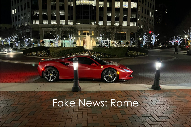 Red Ferrari at night; Fake News: Rome.