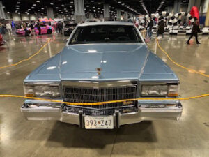 Classic blue vintage car at exhibition.