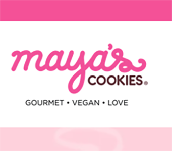 Maya's Cookies logo with gourmet vegan tagline.