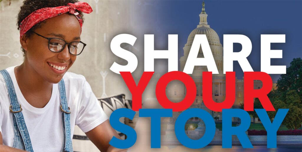 Smiling person with "Share Your Story" text.