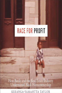 Child sitting on steps, "Race for Profit".
