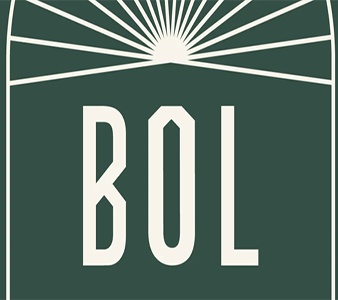 BOL logo with sunburst and dark green background