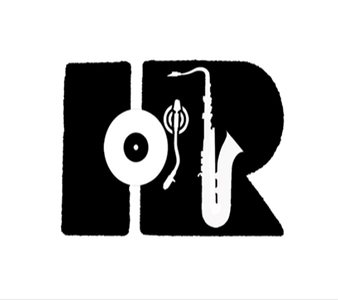 Stylized black logo with vinyl record and saxophone
