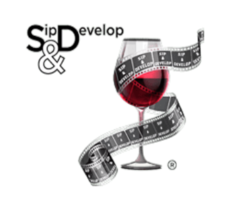 Wine glass wrapped by filmstrip logo